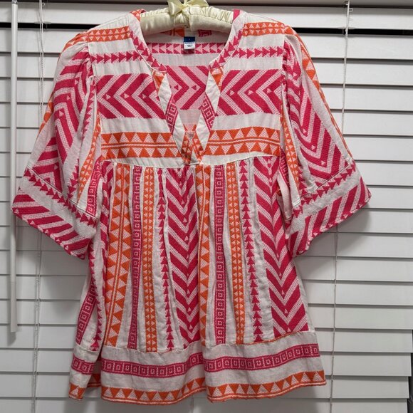 Old Navy Tops - Old Navy orange/pink/white boho v neck gathered sleeve top; Size L